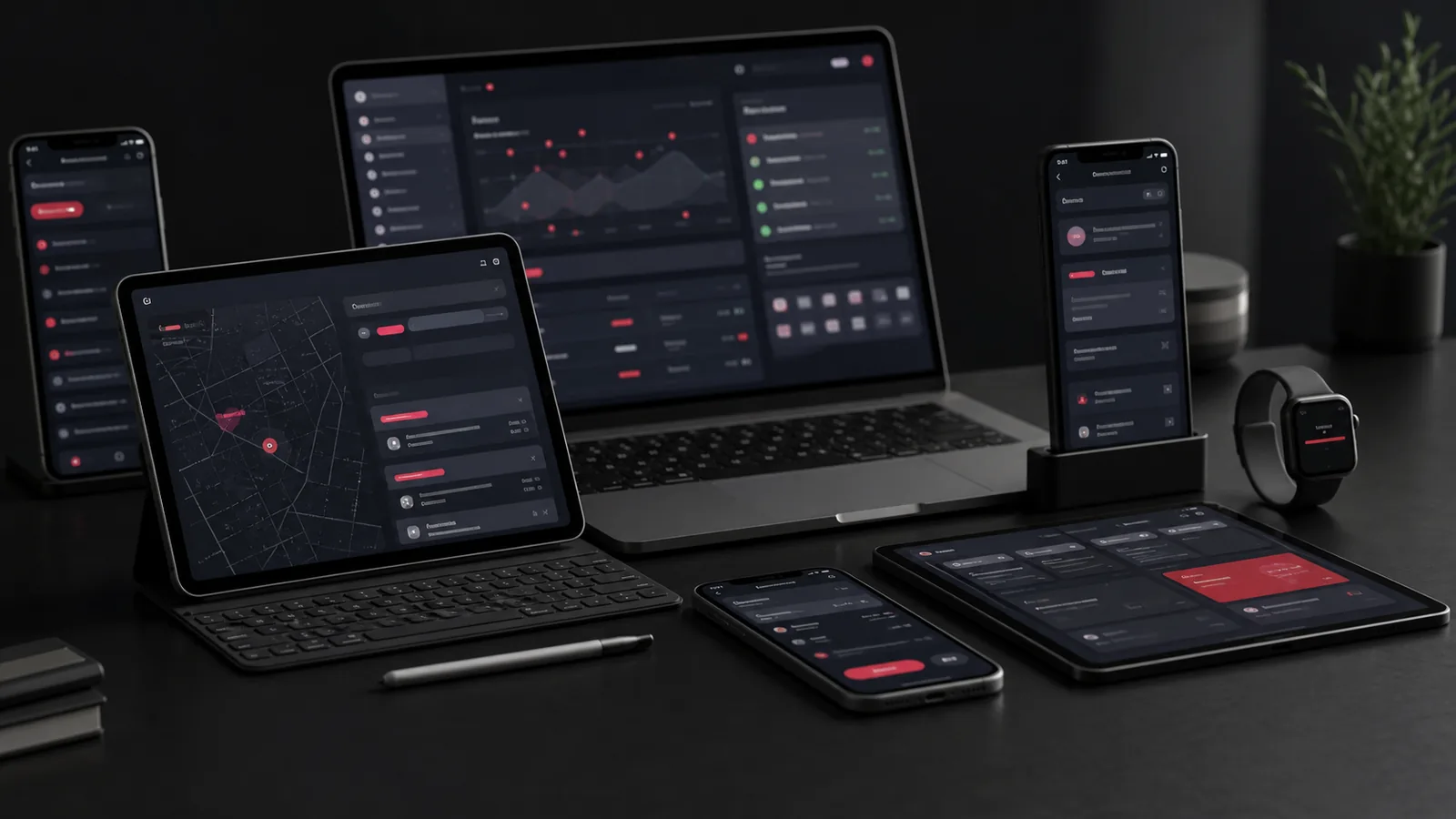 Dispositivos móveis e telas de aplicativo representando experiência mobile, PWA e integrações de negócio