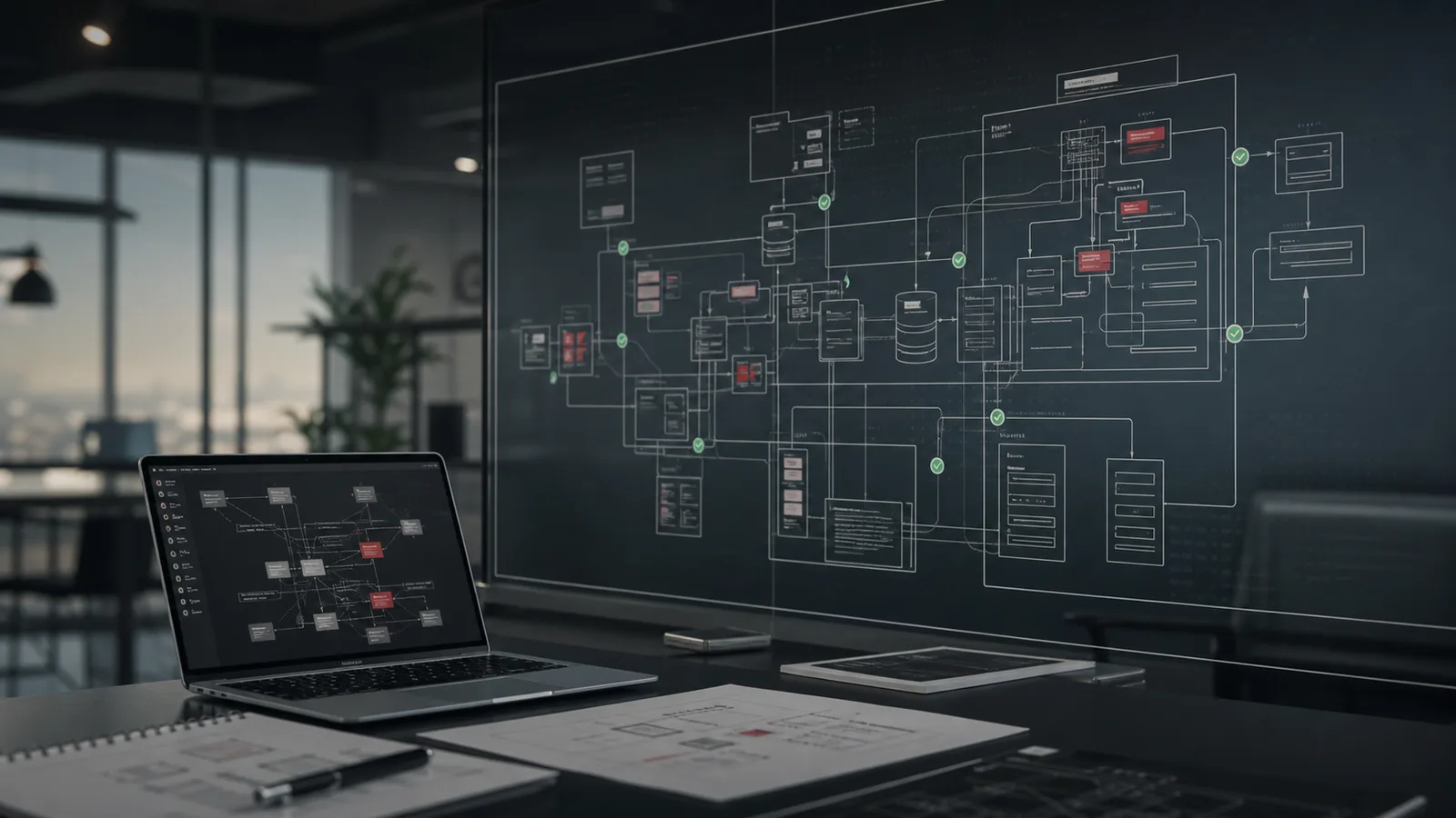 Mapa visual de arquitetura de software, fluxos de sistema e decisões técnicas em ambiente consultivo