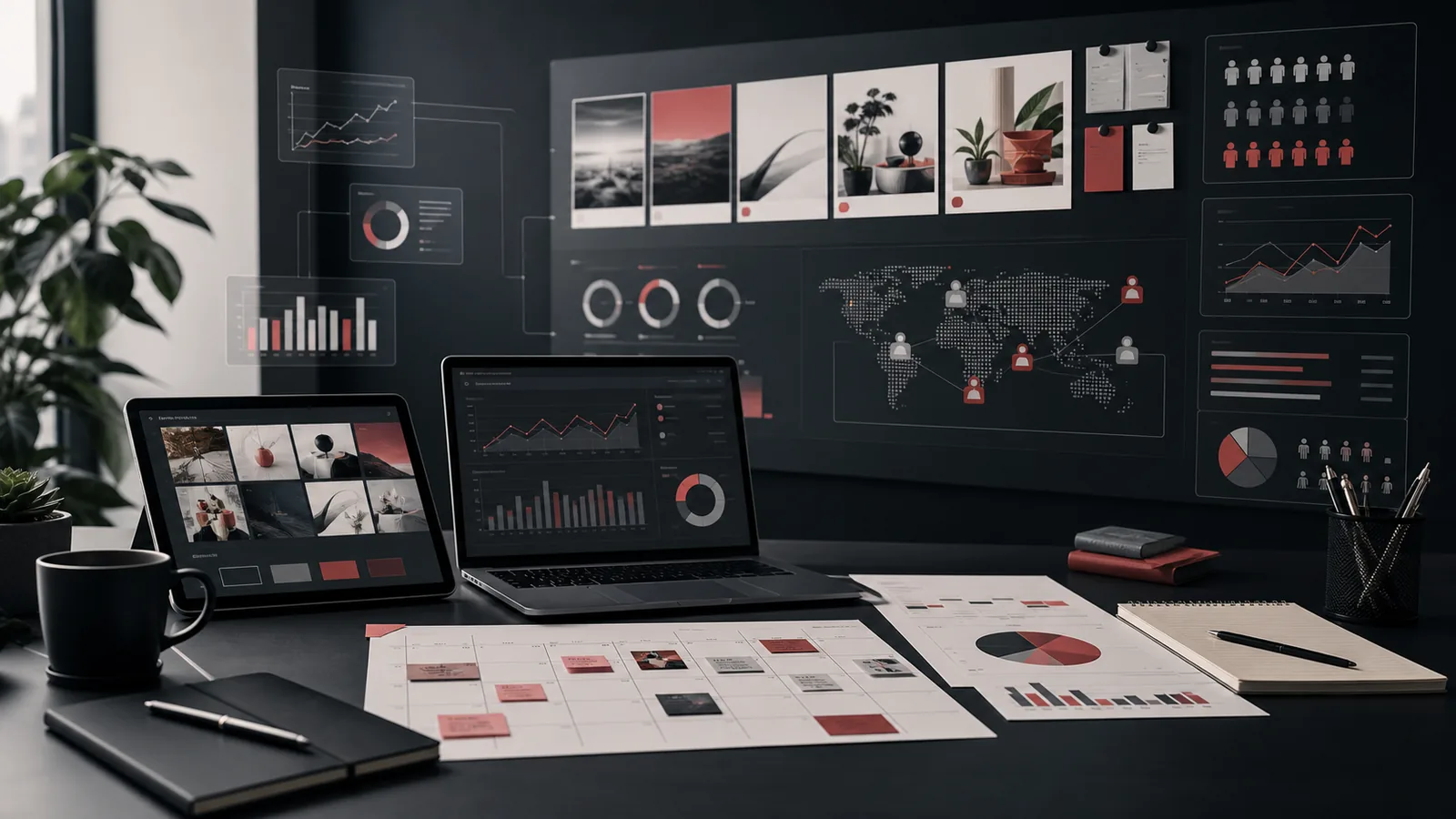 Mesa de planejamento de marketing digital com calendário editorial, campanhas e painéis de métricas