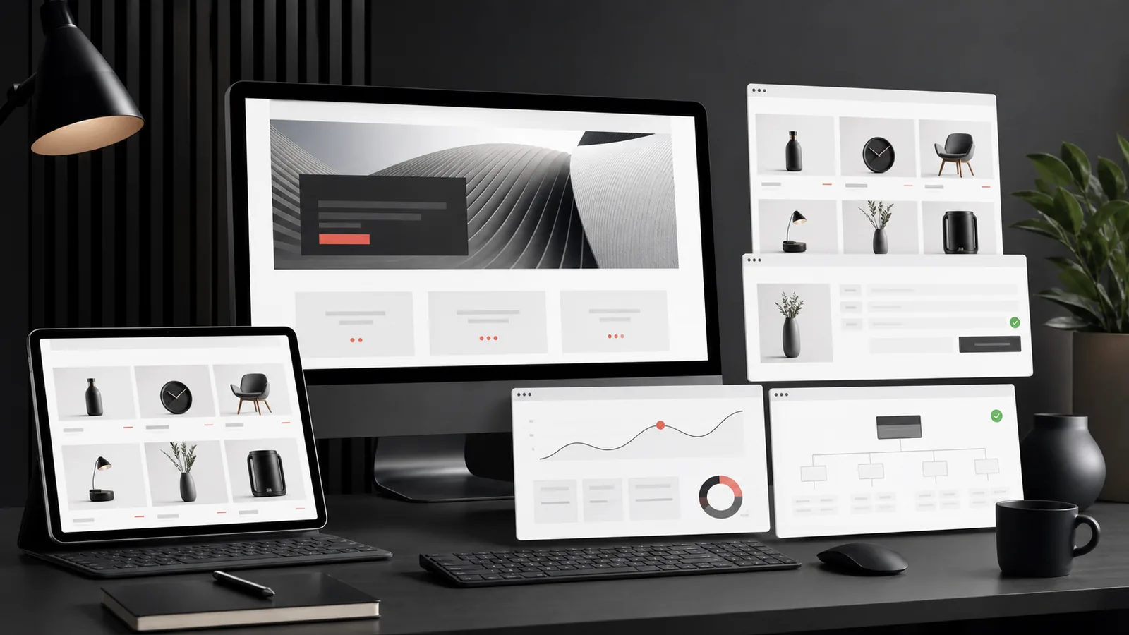 Telas de site profissional, landing page e e-commerce com estrutura visual orientada a conversão